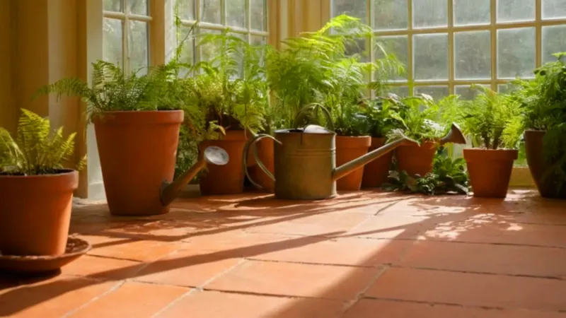 Mujer cuida sus plantas en el solárium