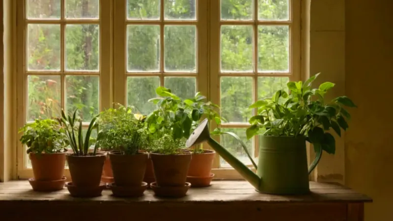 Alguien riega plantas en una habitación luminosa