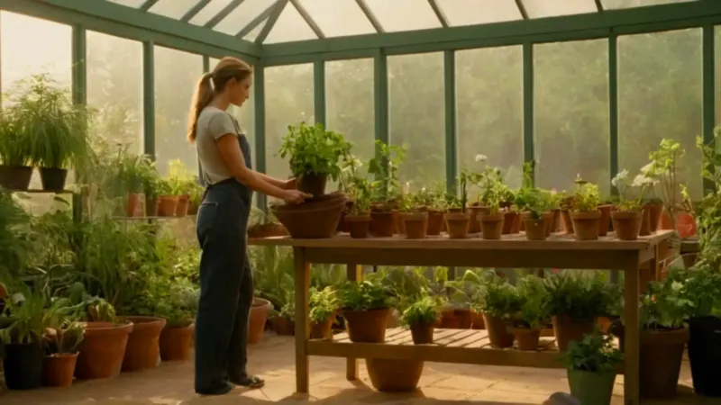 Mujer plantando en un invernadero luminoso