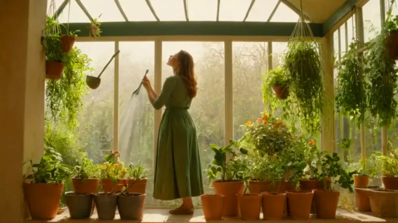 Mujer riega plantas en un invernadero soleado