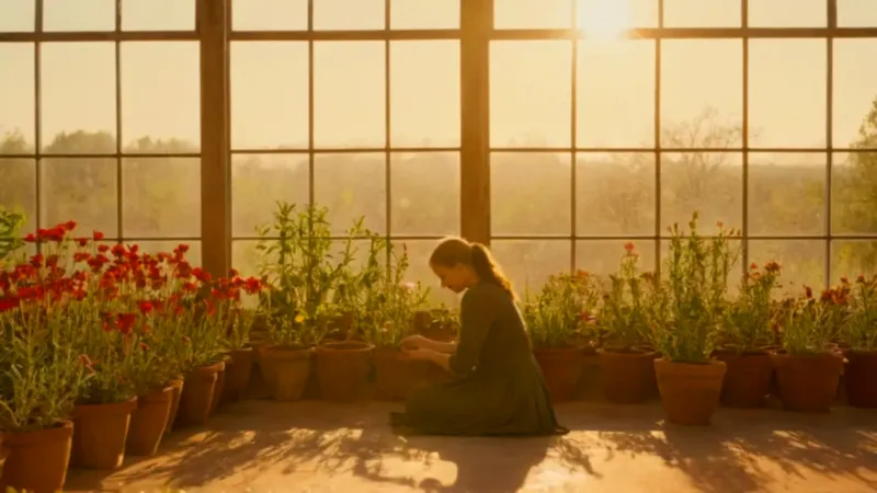 Una mujer cultiva flores en el invernadero