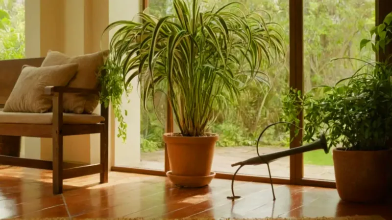 Alguien riega plantas en una habitación soleada