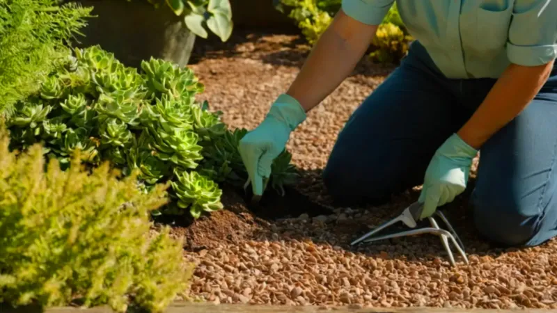Persona podando una suculenta en el jardín