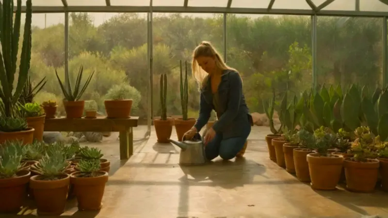 Una persona riega plantas en un invernadero