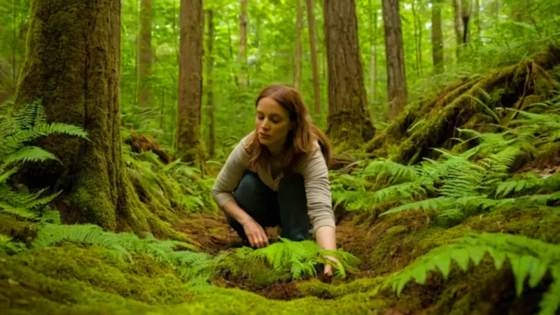 Una persona recolecta plantas en el bosque