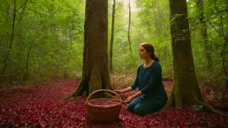 Una mujer cosecha plantas en el bosque