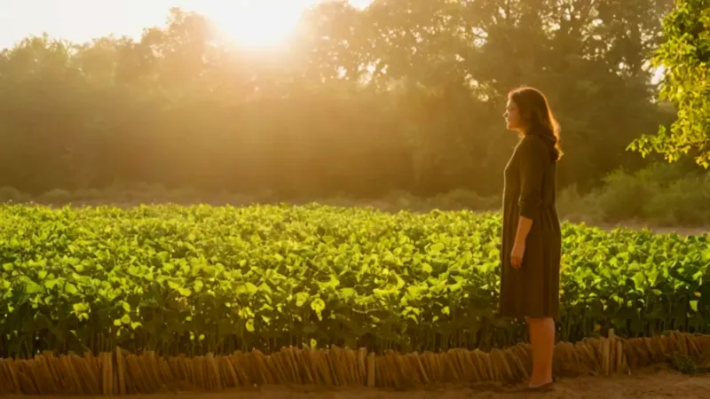 Mujer atendiendo el cultivo al atardecer