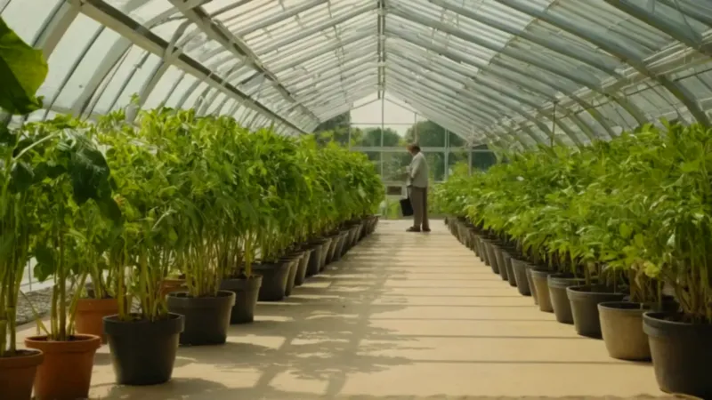 Una persona cuida plantas en un invernadero