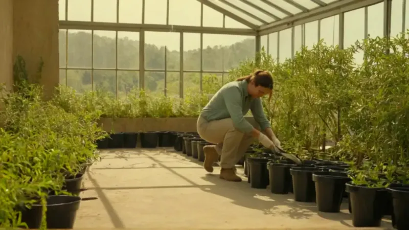 Una persona cultiva plantas en un invernadero