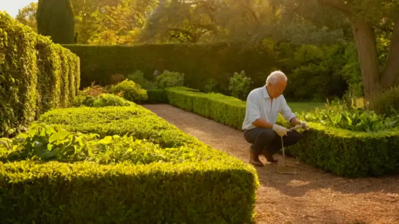 Una persona cuida su jardín al atardecer