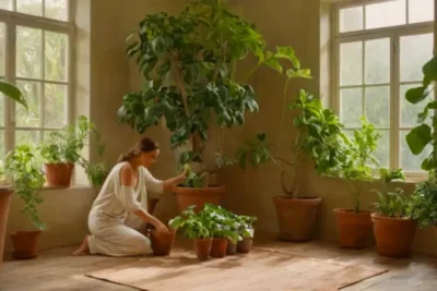 Alguien riega plantas en una habitación soleada