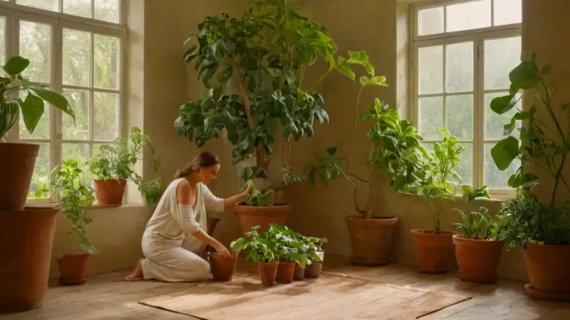 Alguien riega plantas en una habitación soleada