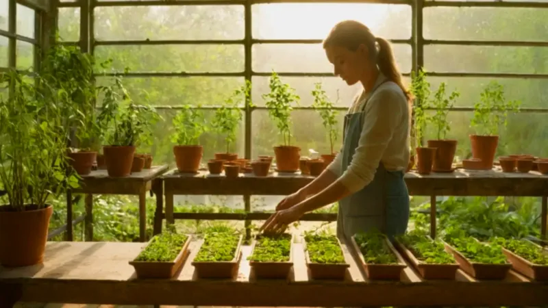 Una figura cuida plantas en el invernadero