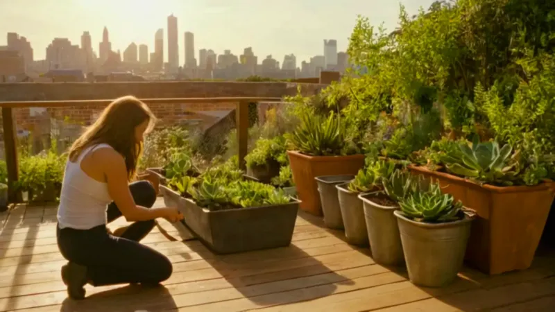 Una mujer cuida su jardín urbano