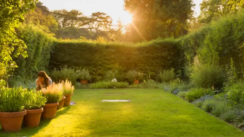 Mujer cuida su tranquilo jardín al atardecer