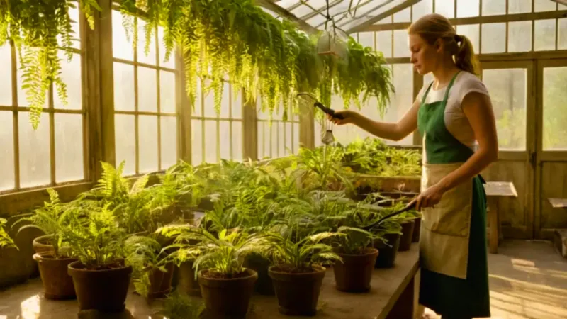 Una mujer cuida plantas en un invernadero