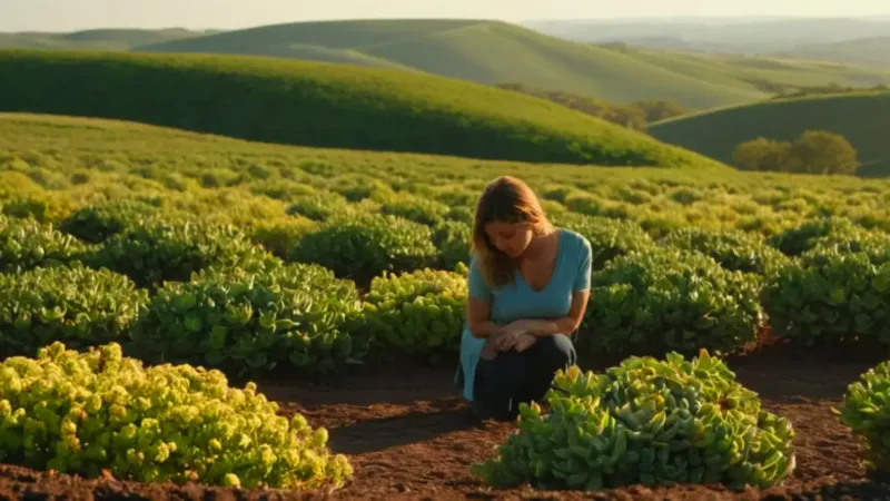 Mujer arrodillada en un campo soleado