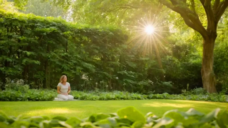 Mujer arrodillada en un jardín luminoso
