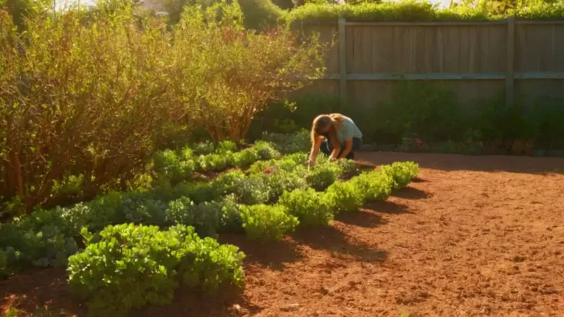 Persona cuidando plantas en un jardín soleado