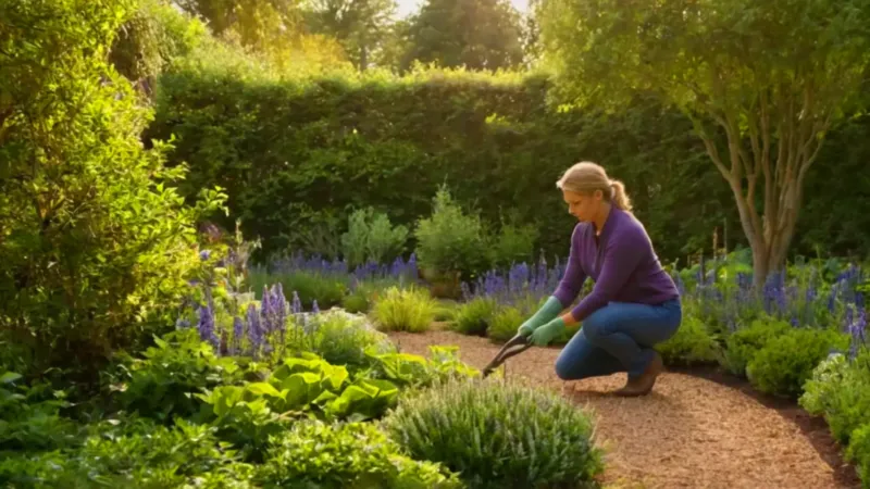 Mujer podando flores en su jardín