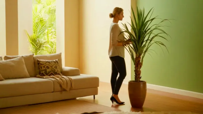 Mujer con planta en un espacio luminoso