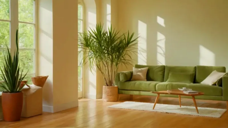 Mujer contempla su planta en una habitación luminosa
