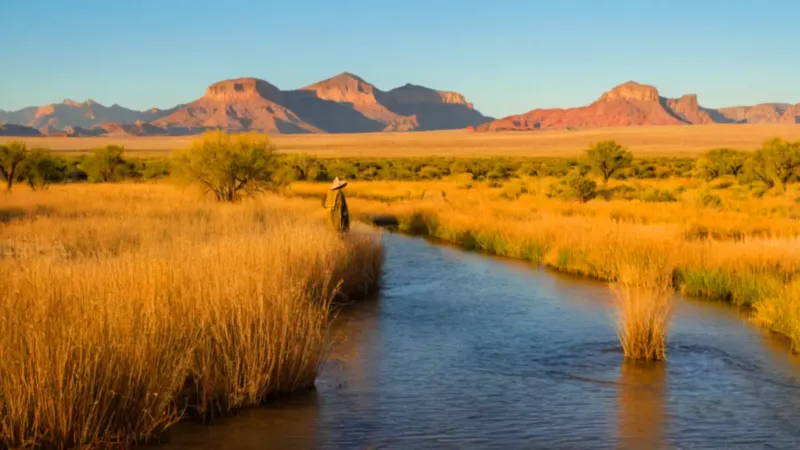 Hombre solitario en un río bajo el sol