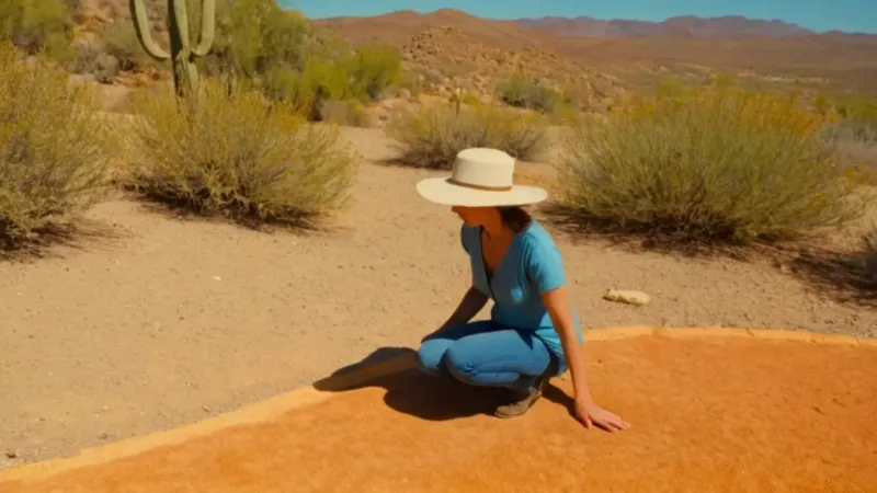 Mujer arrodillada en un paisaje árido