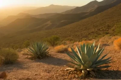 Persona arrodillada ante un agave desértico