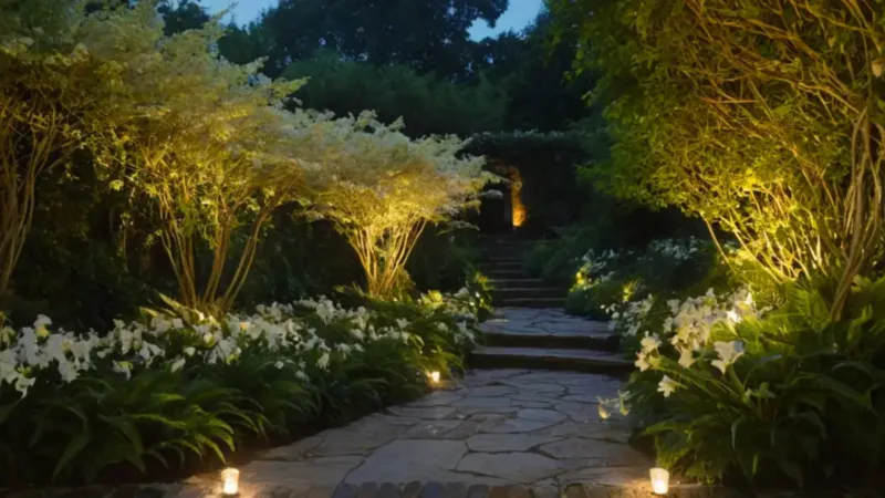 Una figura solitaria en un jardín nocturno