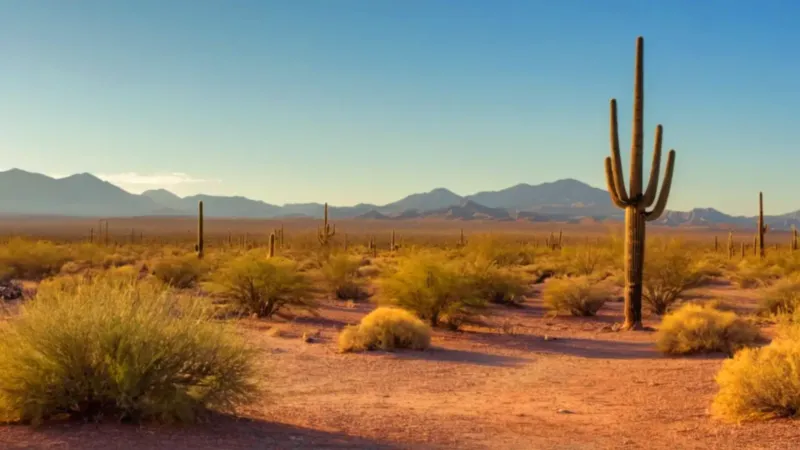 Figura solitaria en el desierto al atardecer