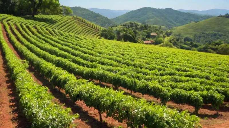 Campesino cosecha café en colinas soleadas