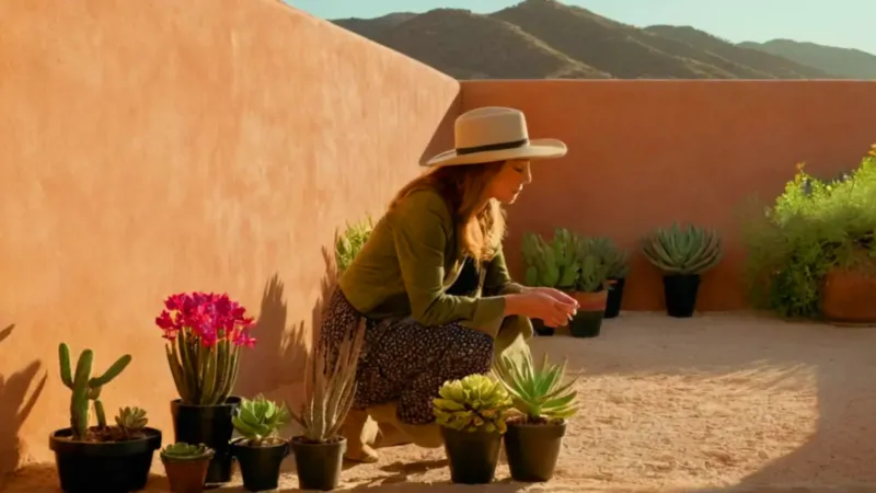 Mujer cuida un jardín en el desierto
