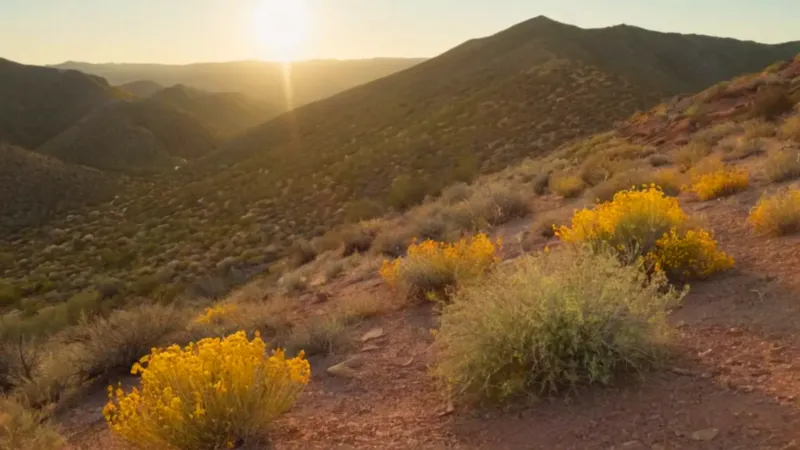 Alguien estudia una planta en un paisaje árido