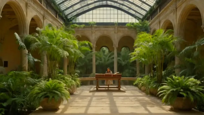 Mujer lee en un frondoso invernadero