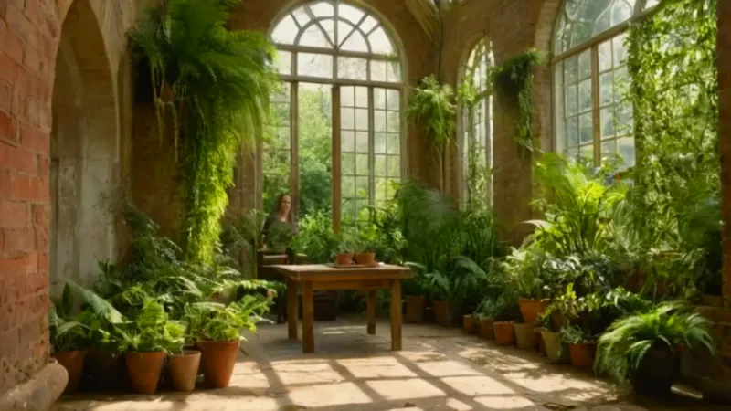 Una mujer estudia plantas en un invernadero