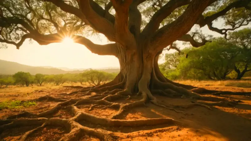 Un árbol ancestral empequeñece a la figura