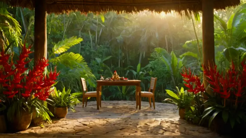 Luz dorada ilumina figura con heliconias