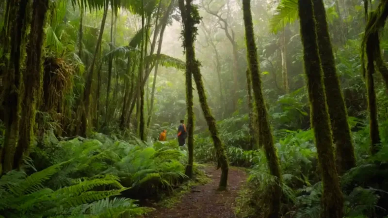 Un explorador observa la selva iluminada