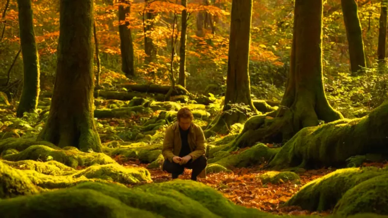 Alguien examina flores en el bosque