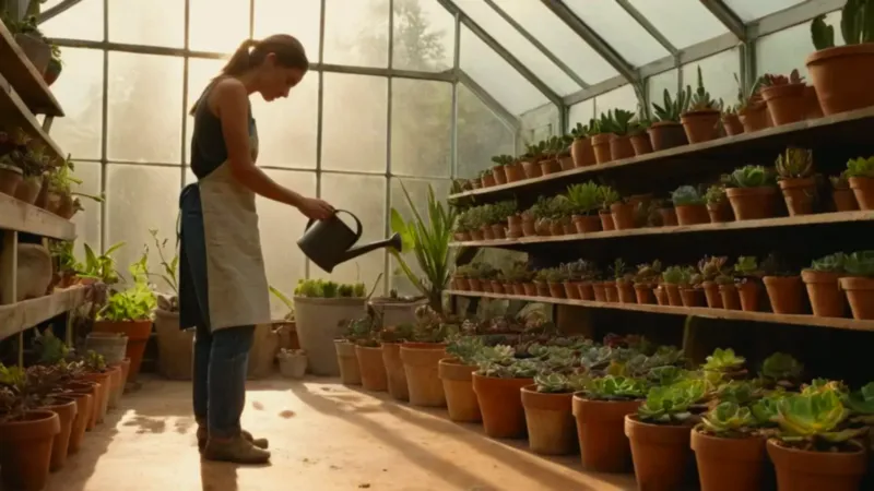Jardinero cuida plantas en un invernadero luminoso