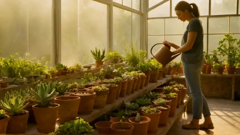 Una persona cuida plantas en un invernadero
