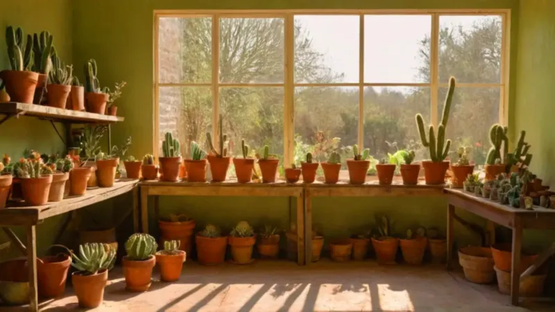 Alguien cuida plantas en un invernadero soleado