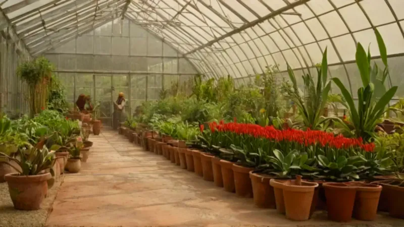 Una persona cuida plantas en un invernadero