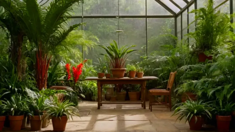 Regando plantas en un invernadero luminoso