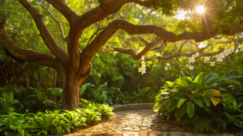 Persona observa un florido árbol tropical