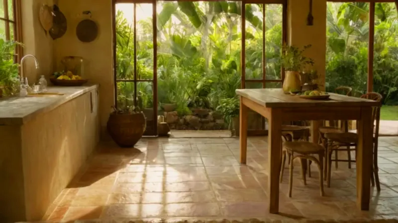 Mujer en cocina abierta a un jardín tropical