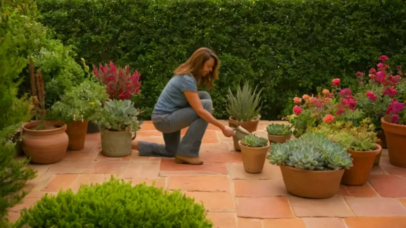 Persona cuidando plantas en el patio