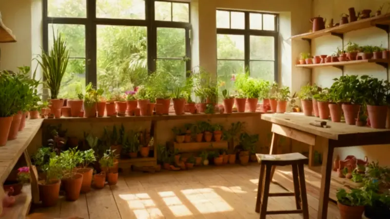 Persona cuida plantas en un taller soleado