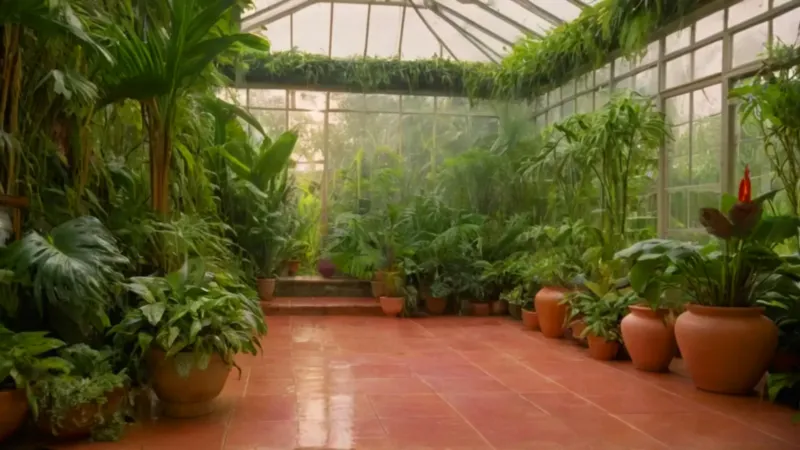 Luz dorada inunda un invernadero exuberante
